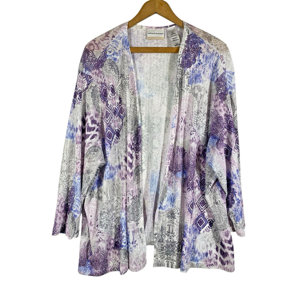 Alfred Dunner Cardigan Top 3X Open Front Light Purple Blue Gray Cottagecore